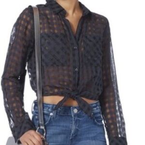 Rails  size small navy blue semi sheer button down top ties at waist